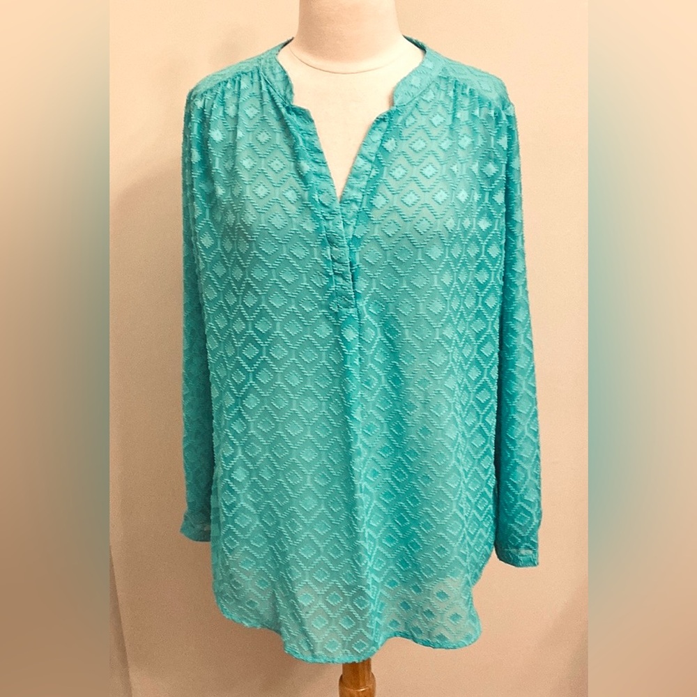 Retro Threads Blouse Diamond Clip Dot Geometric Semi Sheer Turquoise Green XXL